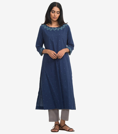 Blue zari embroidered cambric kurta