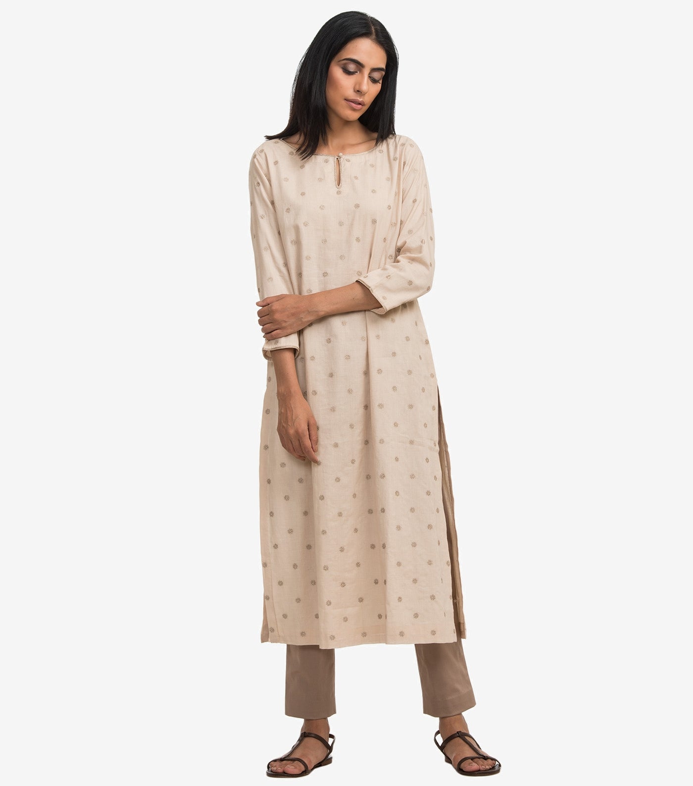 Cream embroidered cambric kurta