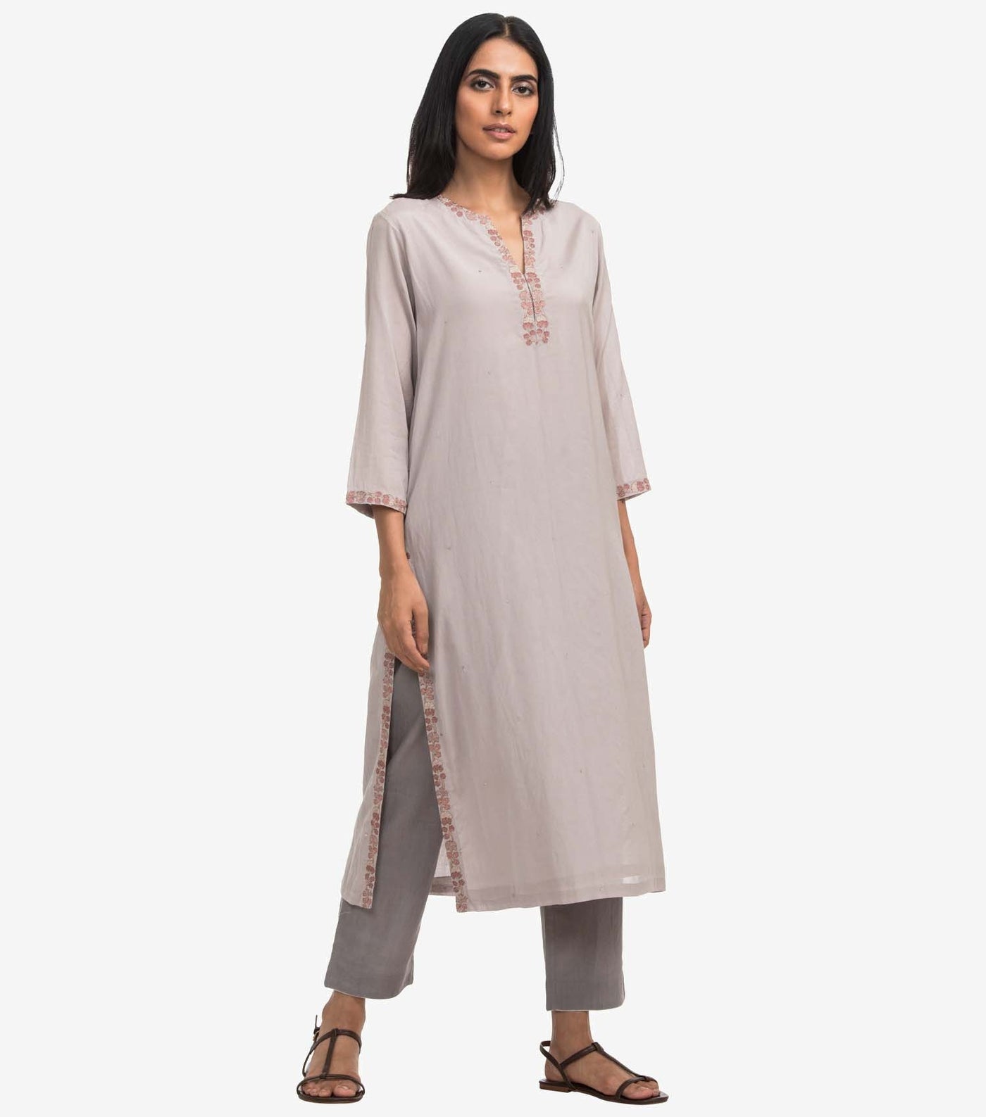 Grey chanderi embroidered kurta