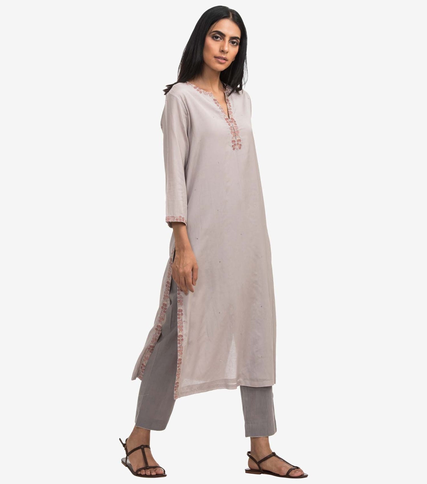 Grey chanderi embroidered kurta