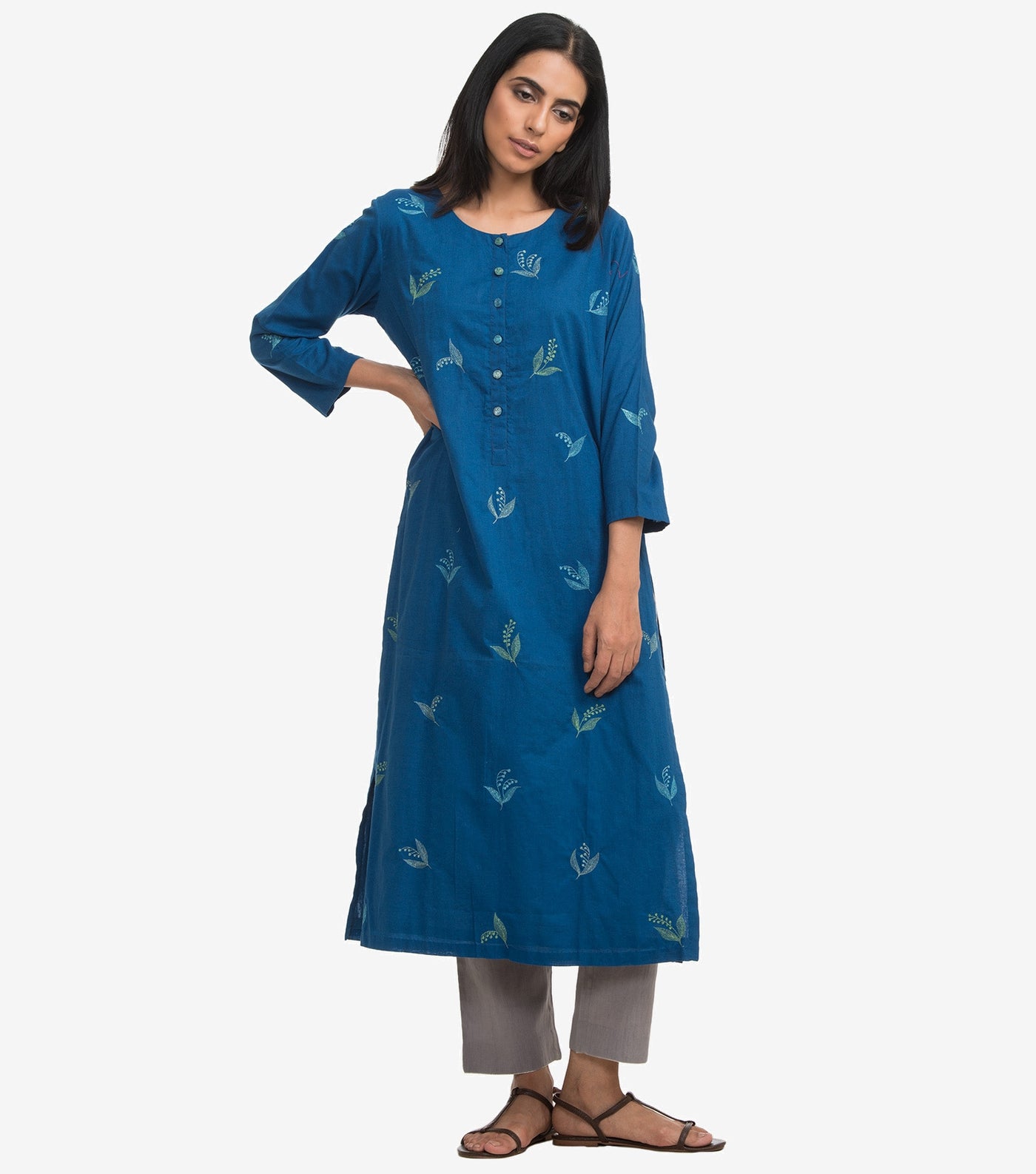Blue zari embroidered cambric kurta