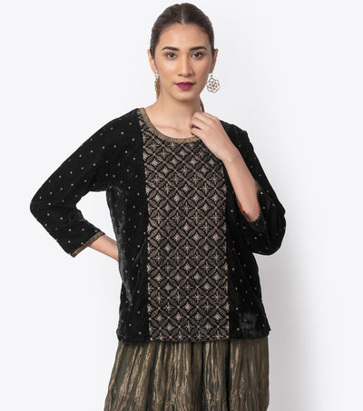 Black Embroidered Velvet Blouse