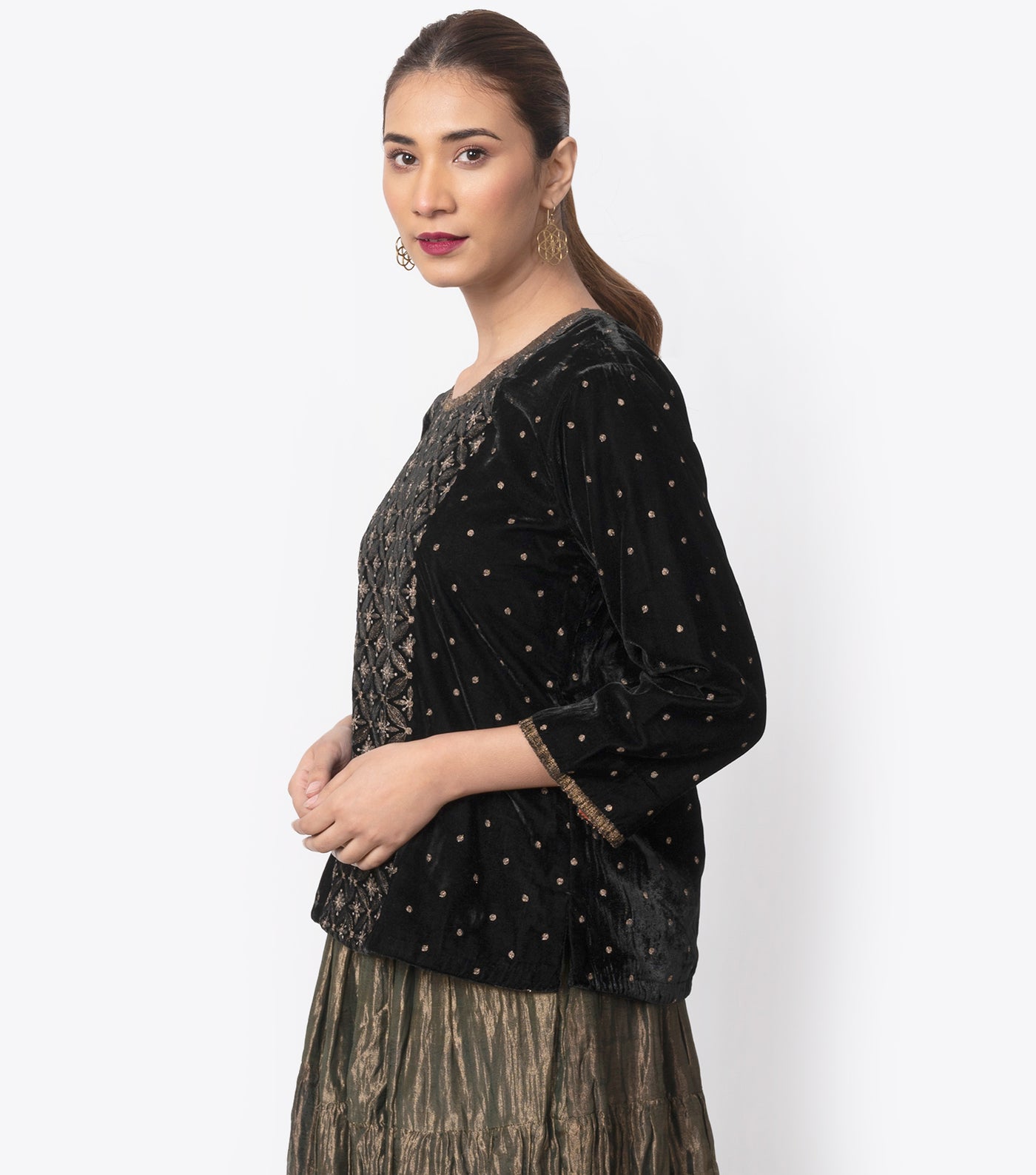 Black Embroidered Velvet Blouse