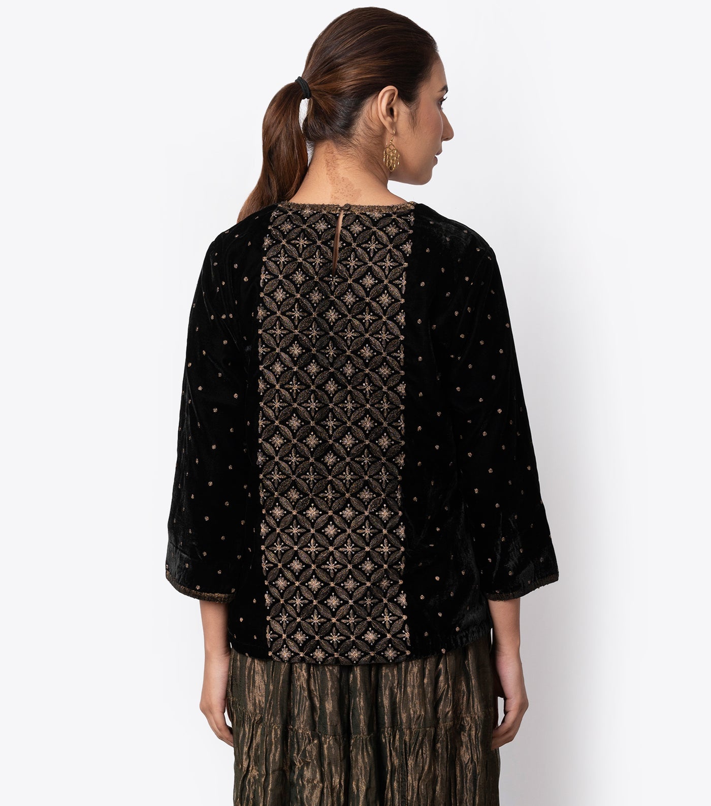 Black Embroidered Velvet Blouse