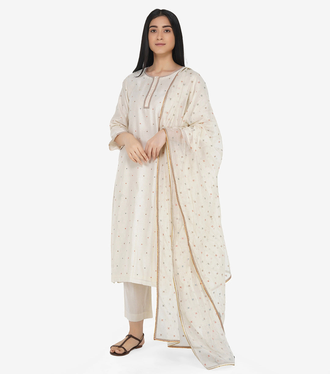 Natural Chanderi embroidered kurta Set