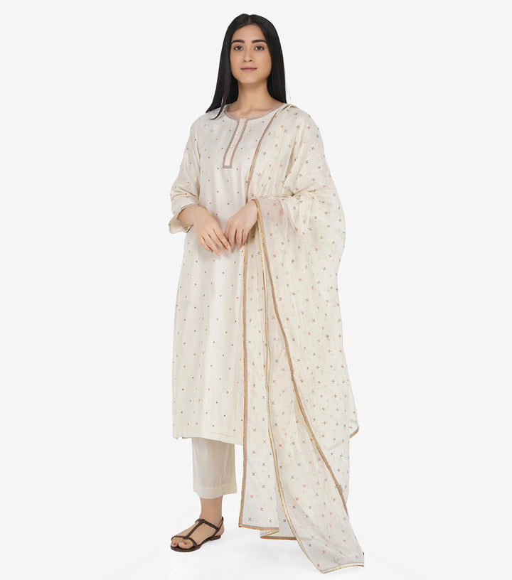 Natural Chanderi embroidered kurta Set