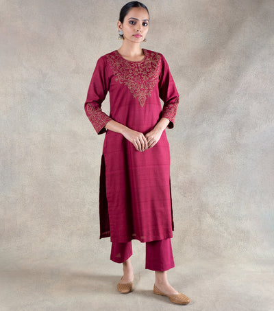 Maroon Hand Embroidered Tussar Cotton Kurta with Cotton Pants - Set of 2