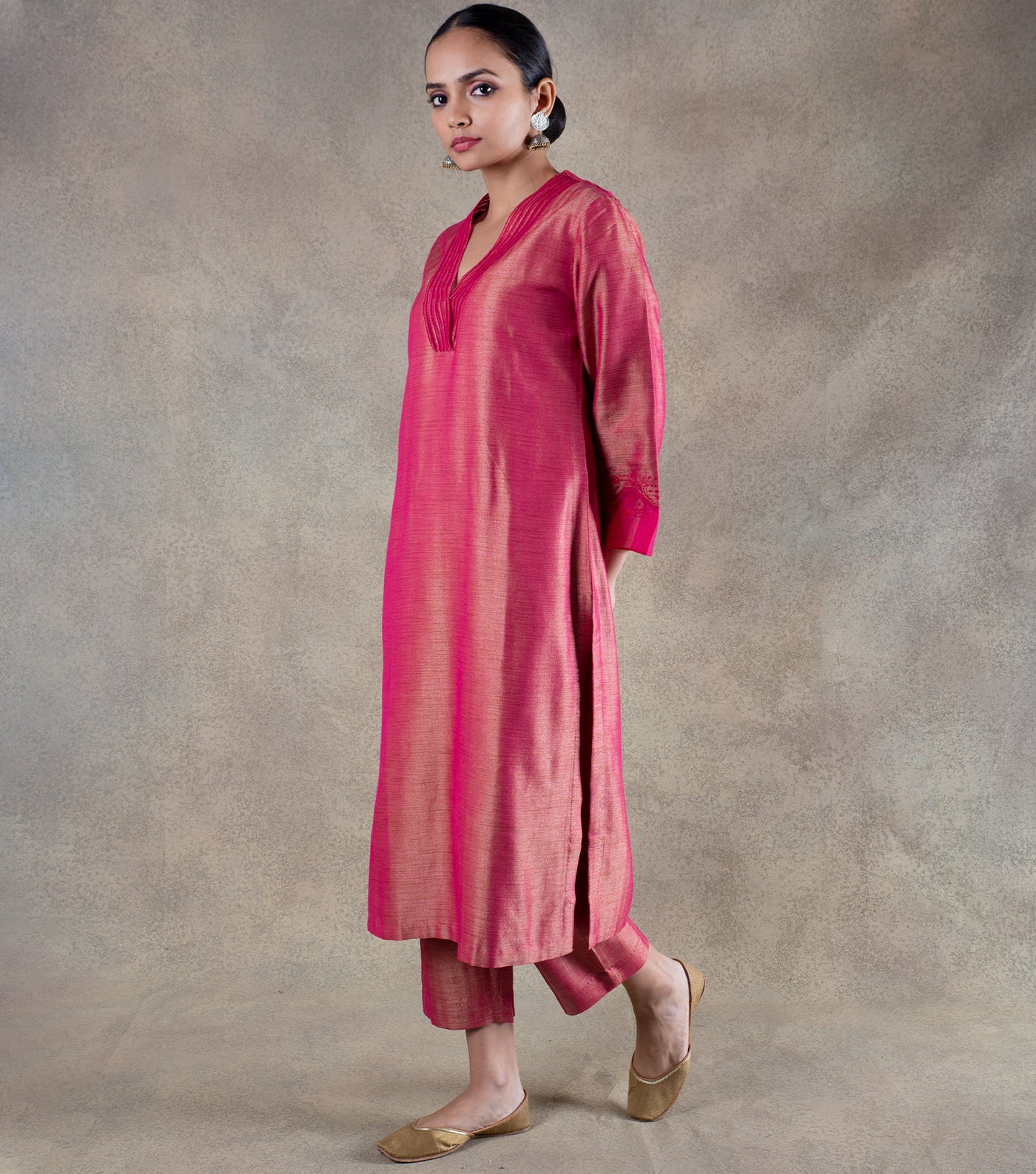 Pink Brocade Kurta with Pants and Chanderi Dupatta - Set of 3
