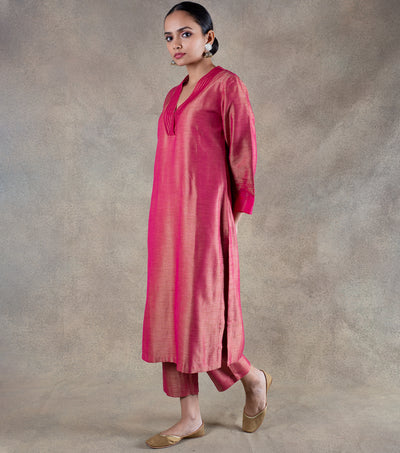 Pink Brocade Kurta with Pants and Chanderi Dupatta Set