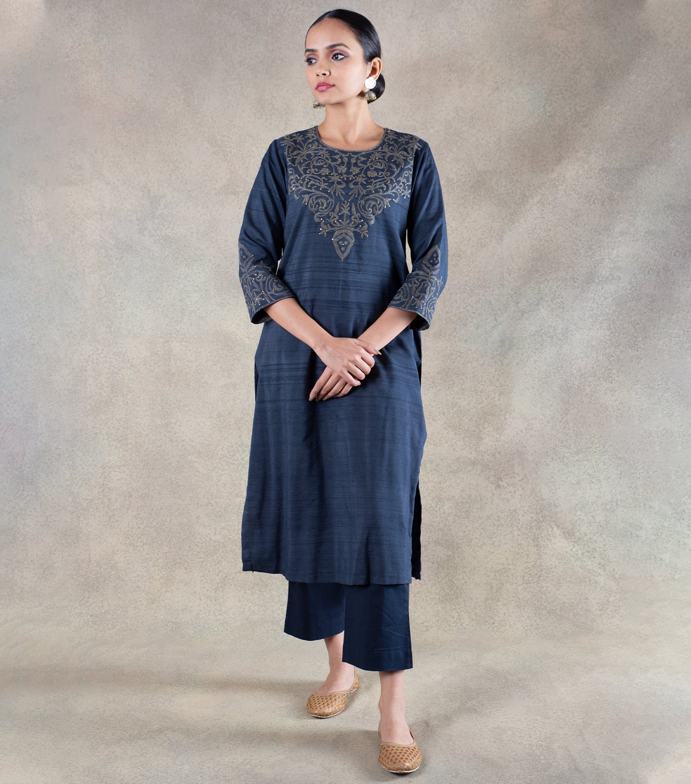 Navy Blue Hand Embroidered Tussar Cotton Kurta with Cotton Pants - Set of 2