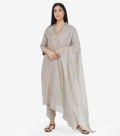 Light Grey Embroidered Chanderi Suit Set