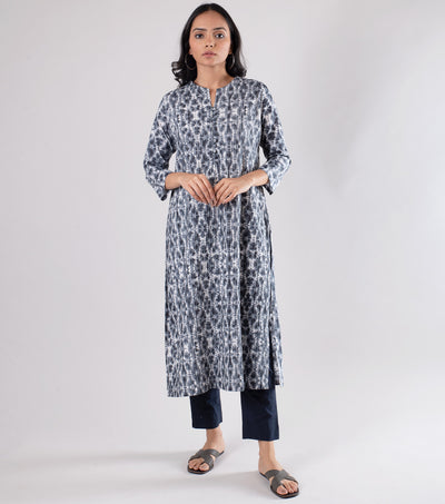 Grey Pintuck Cotton Printed Kurta