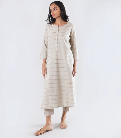 Beige Printed khadi kurta
