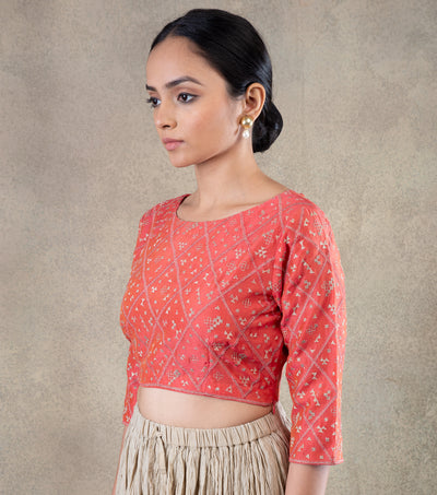Coral embroidered Chanderi Blouse