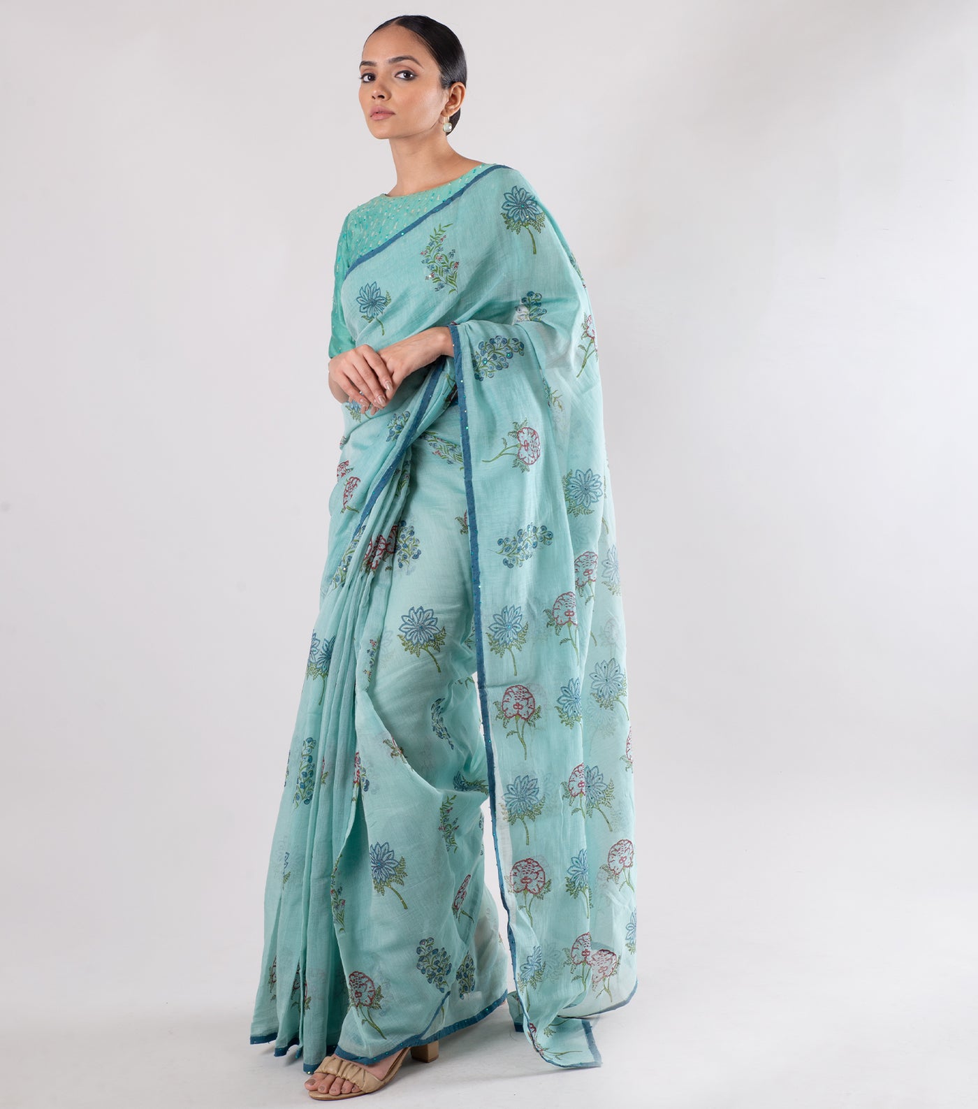 Powder Blue Hand Block Printed Chanderi Saree