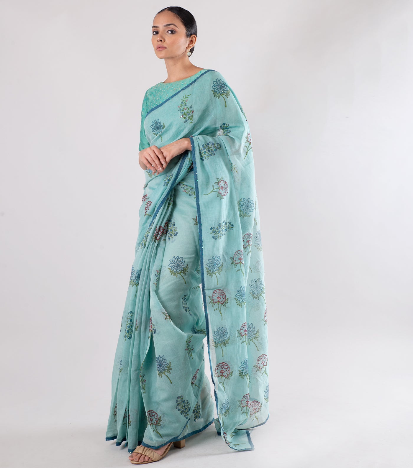 Light Blue Handblock Printed Chanderi Saree