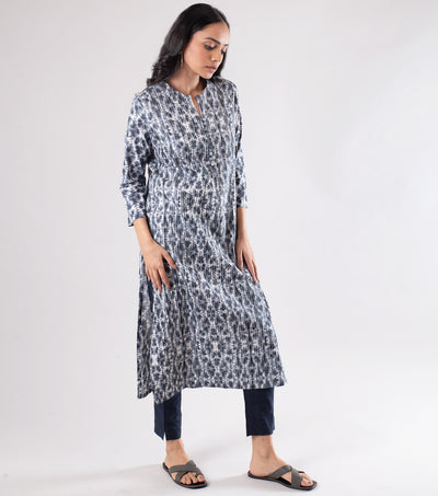 Grey Pintuck Cotton Printed Kurta
