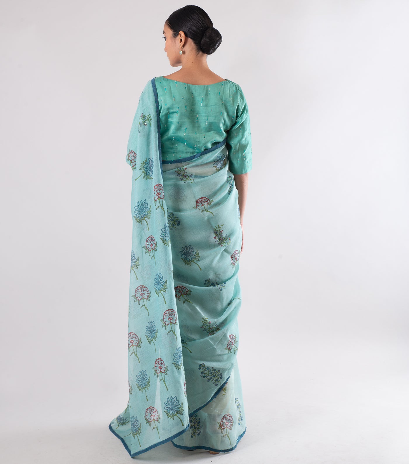 Powder Blue Hand Block Printed Chanderi Saree