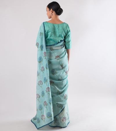 Powder Blue Hand Block Printed Chanderi Saree