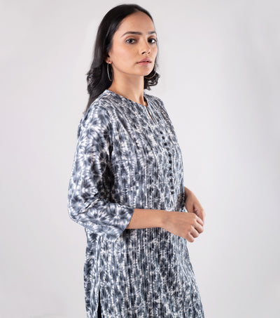 Grey Pintuck Cotton Printed Kurta