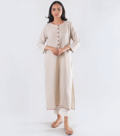 Beige printed khadi kurta