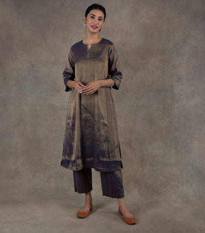 Navy Blue Tissue Flared Kurta & Palazzo Pants Set