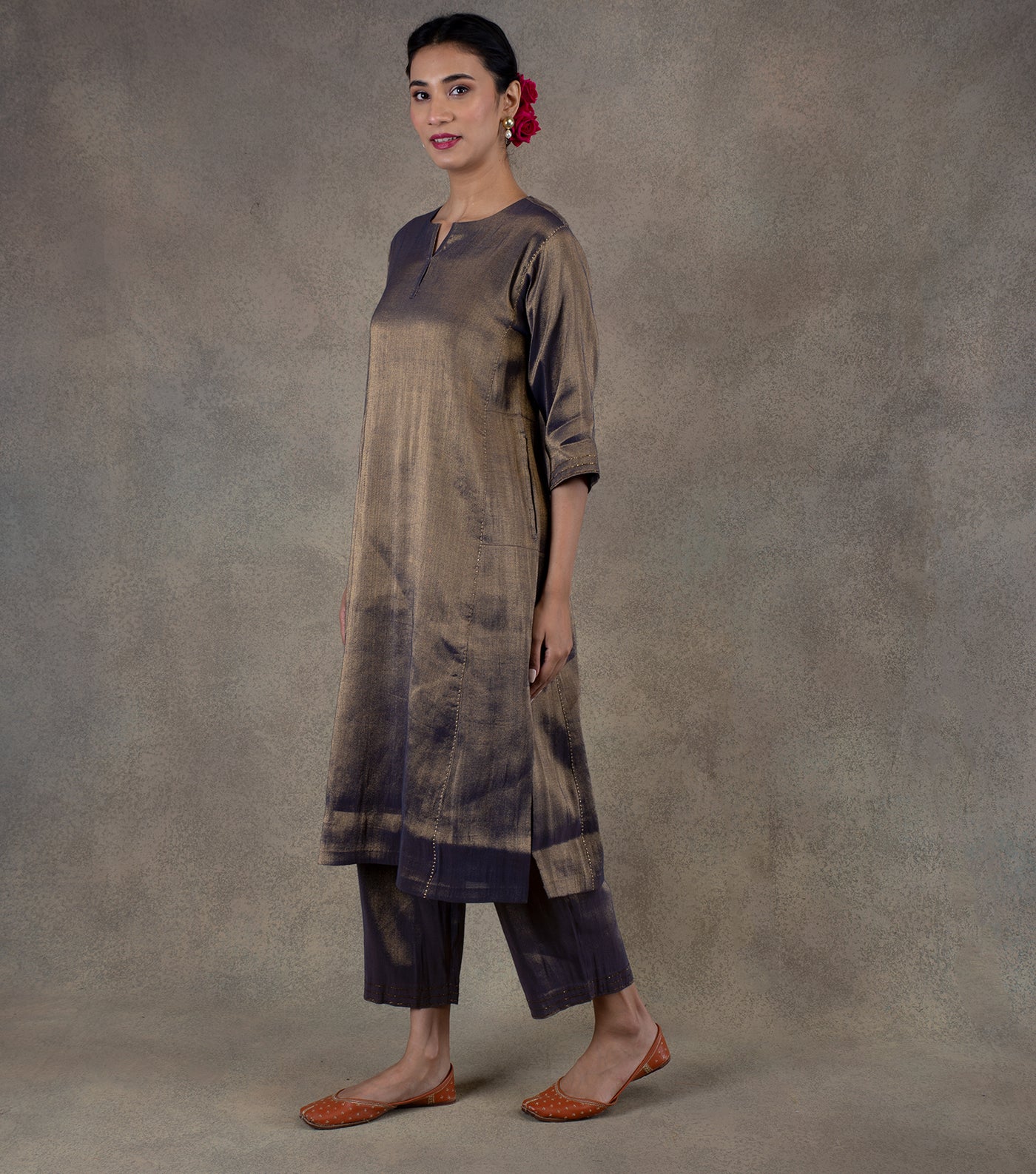 Navy Blue Tissue Flared Kurta & Palazzo Pants Set