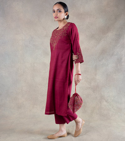 Maroon Hand Embroidered Tussar Cotton Kurta with Cotton Pants - Set of 2