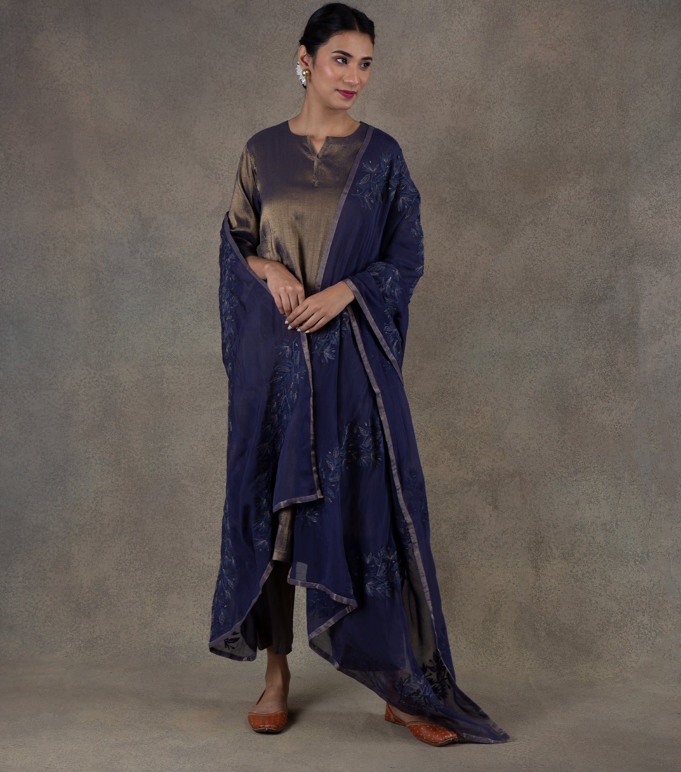 Navy Blue Tissue Flared Kurta & Palazzo Pants Set