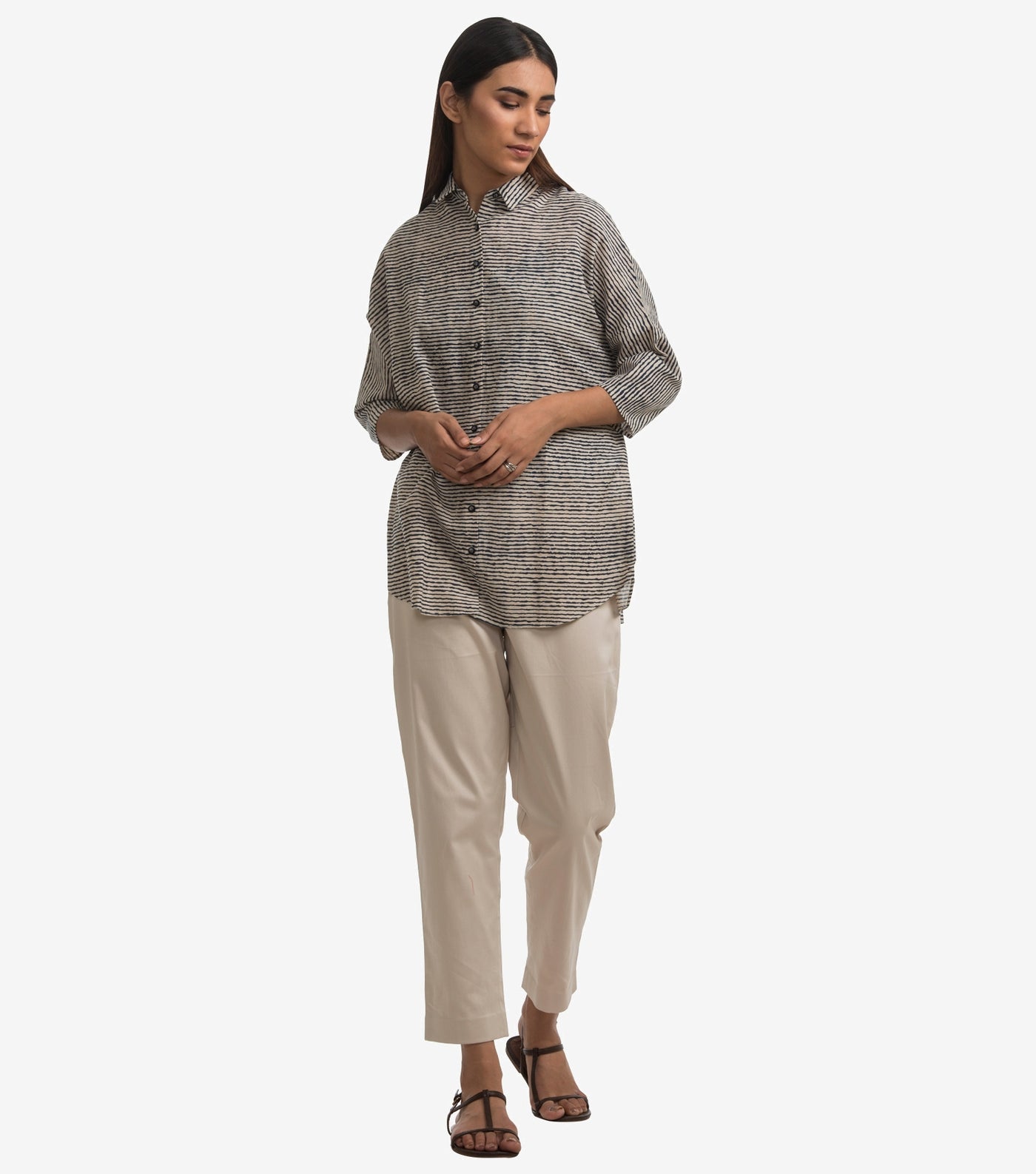 Beige blue striped khadi shirt