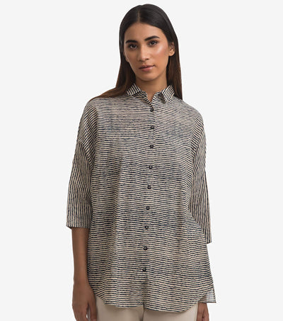 Beige blue striped khadi shirt