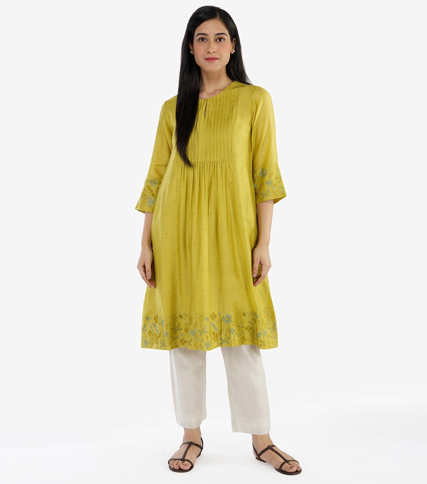 Mustard Green embroidered kurta