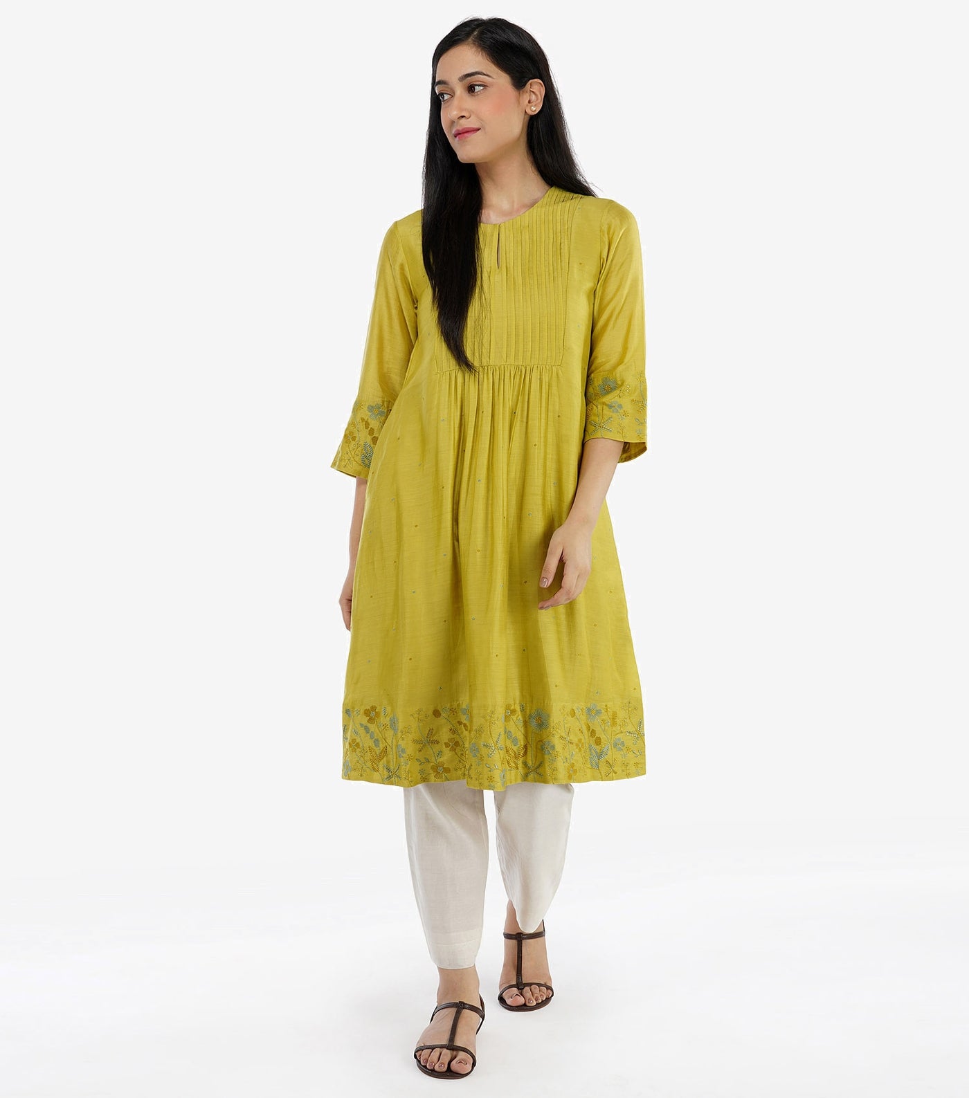 Mustard Green embroidered kurta