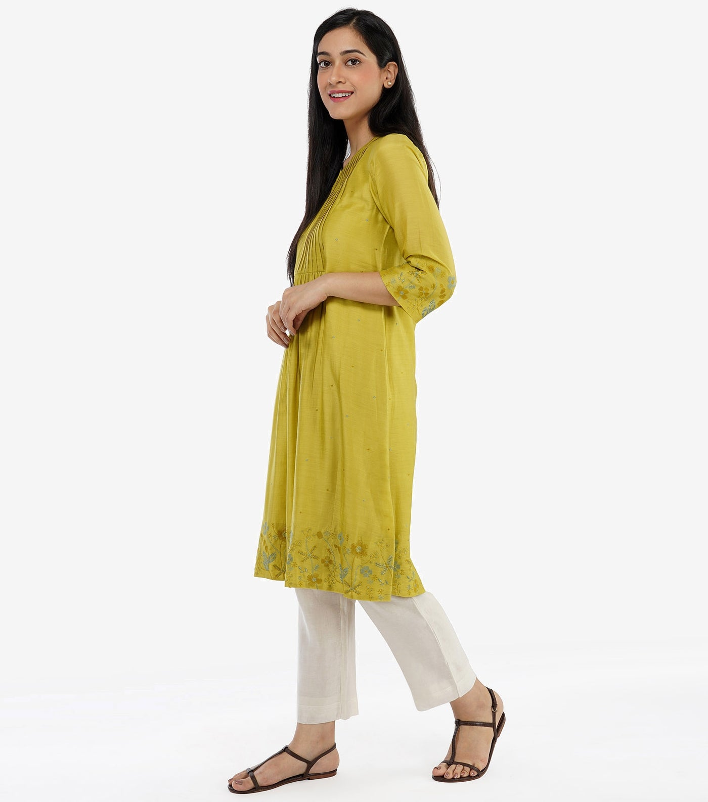 Mustard Green embroidered kurta