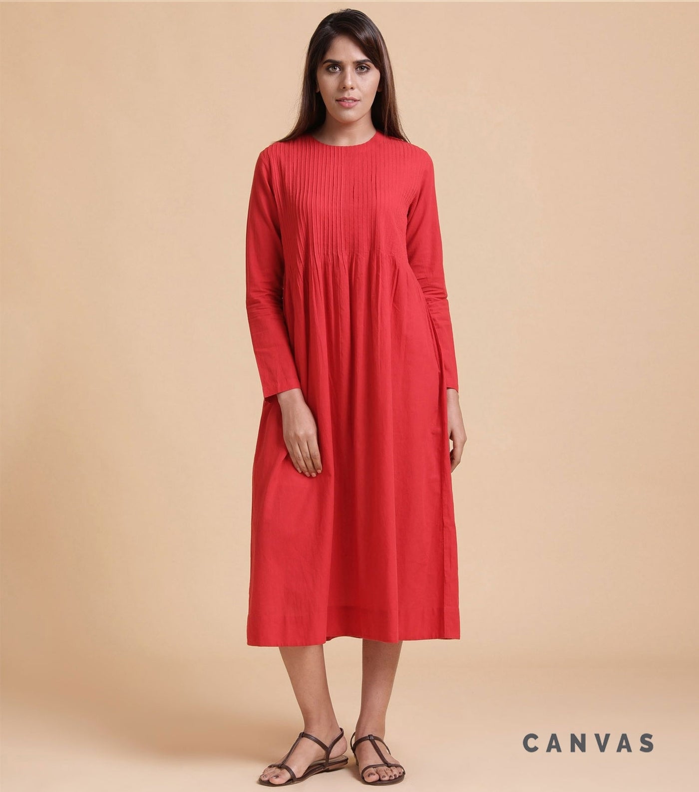 Red pleated cotton dress