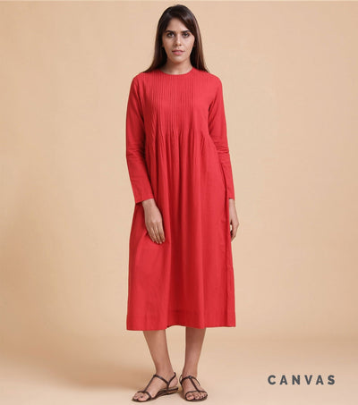 Red pleated cotton dress