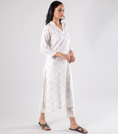 White Beige Printed Cotton Kurta