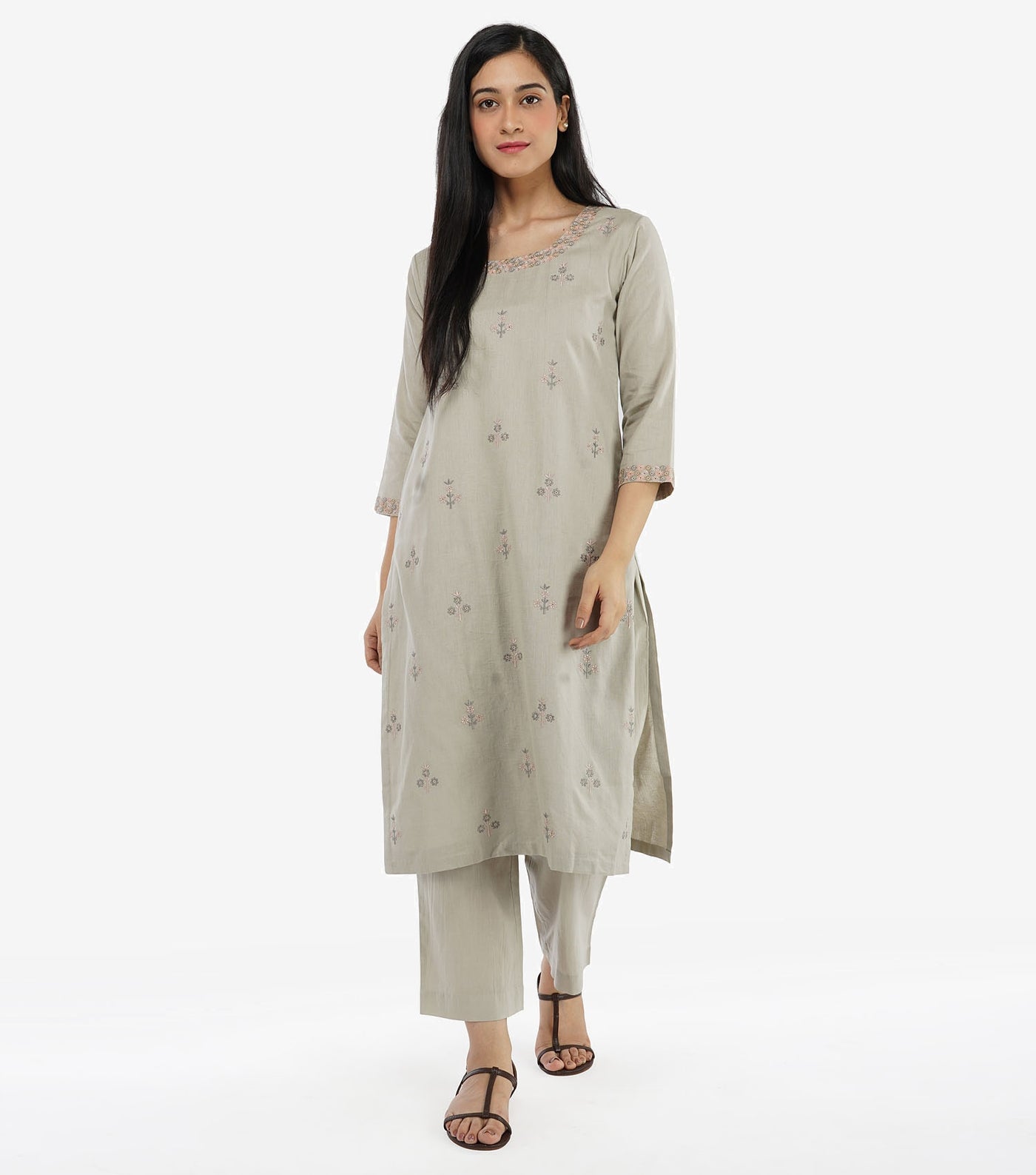 Light Grey Cotton Linen Kurta & Pants Set