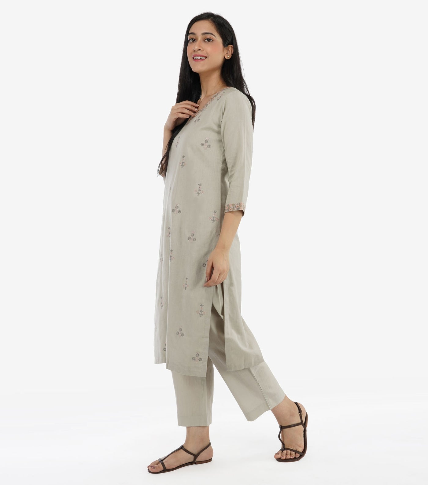 Light Grey Cotton Linen Kurta & Pants Set