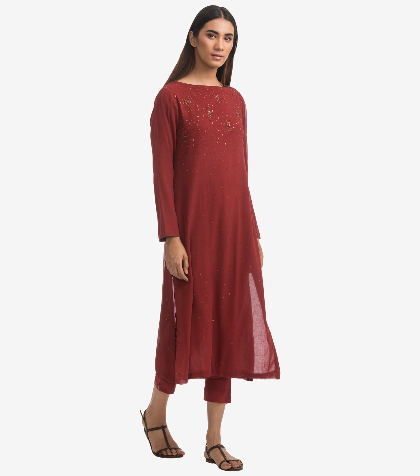 Maroon Georgette Kurta & Cotton silk pants set