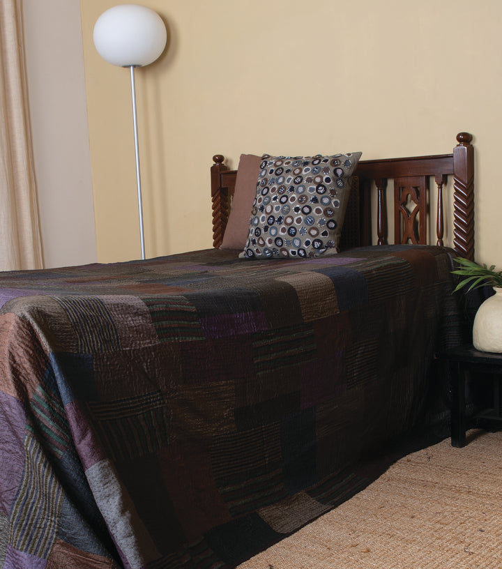 Brown Kantha Cotton Silk Bedcover