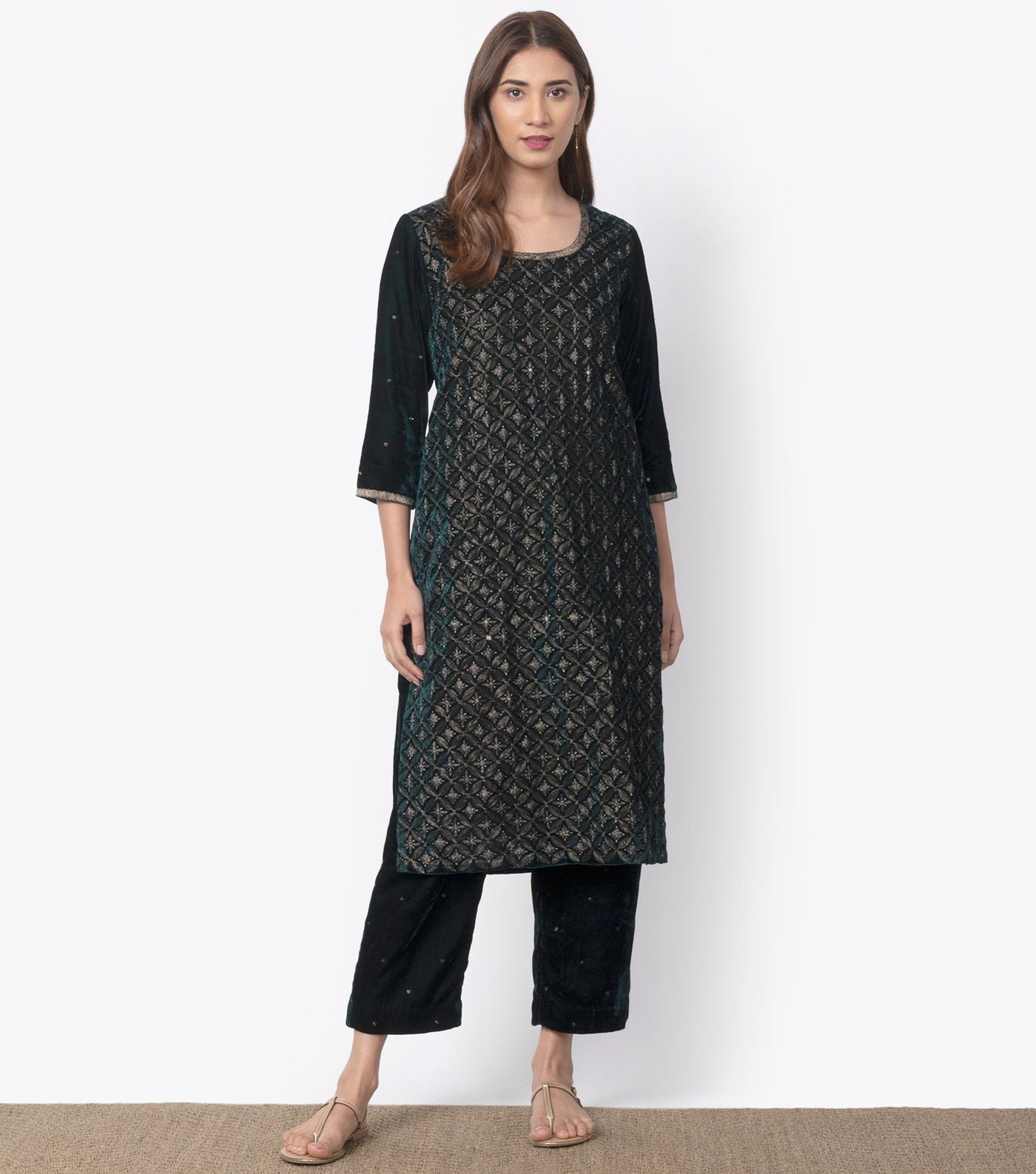 Emerald Green Velvet Embroidered Suit Set