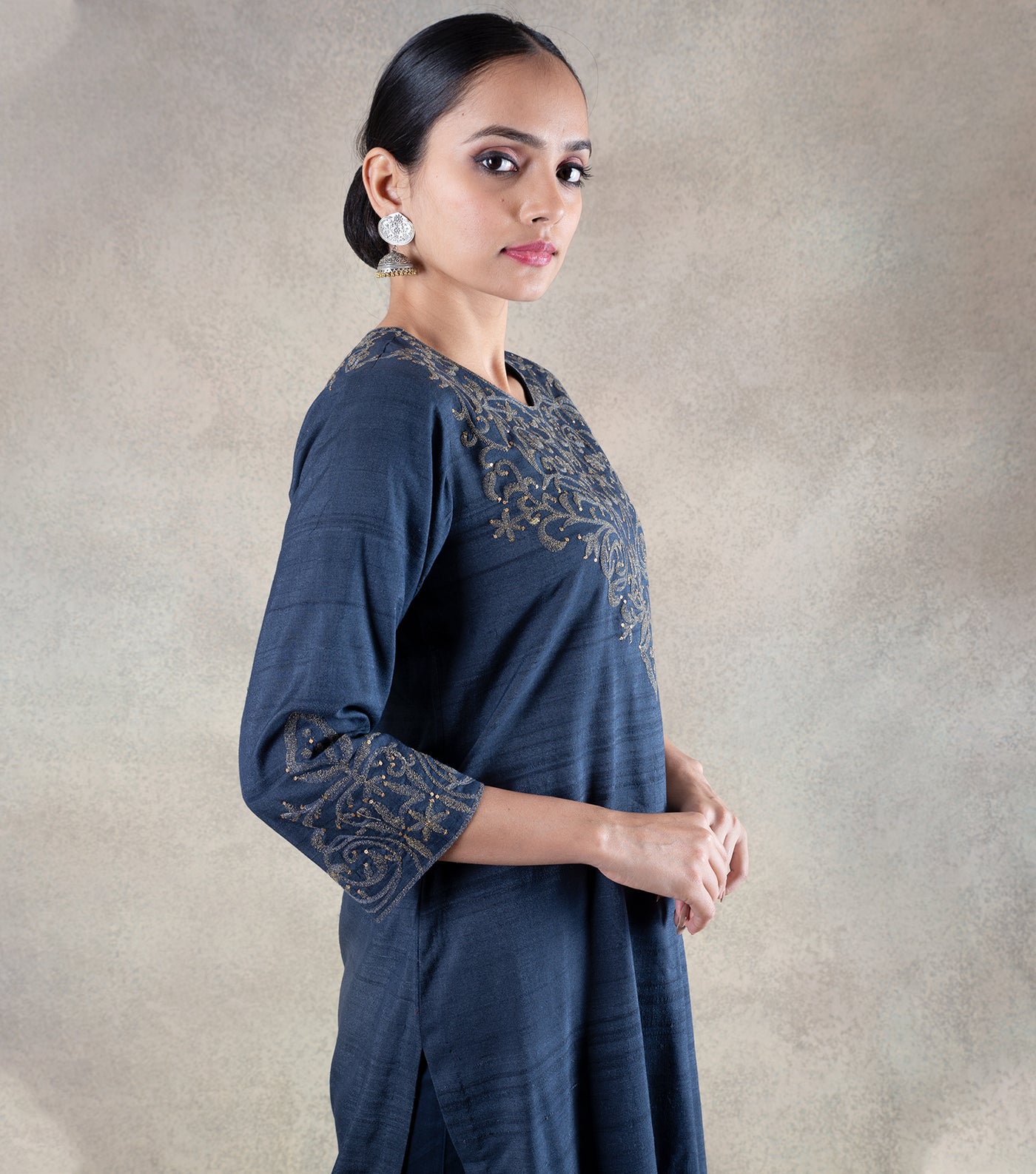 Navy Blue Hand Embroidered Tussar Cotton Kurta with Cotton Pants - Set of 2