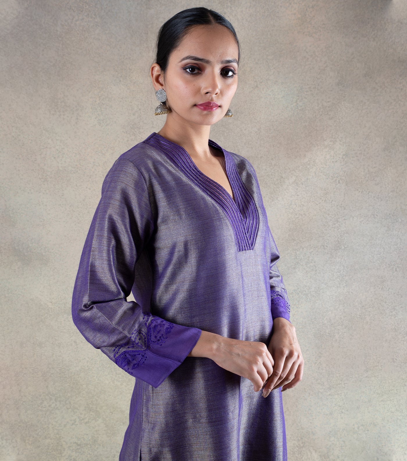 Purple Brocade Kurta with pants & Chanderi Dupatta Set