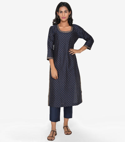 Navy Blue Zari Chanderi Kurta & Cotton Pants Set