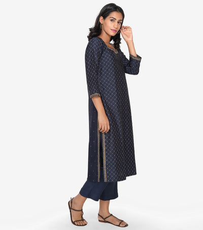 Navy Blue Zari Chanderi Kurta & Cotton Pants Set