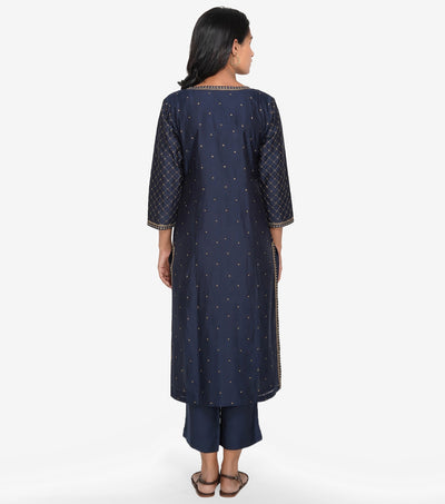 Navy Blue Zari Chanderi Kurta & Cotton Pants Set