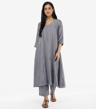 Metallic Blue flared Embroidered kurta