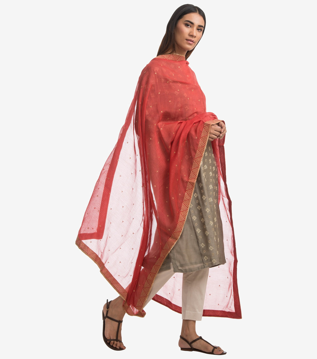 Coral silk chanderi dupatta