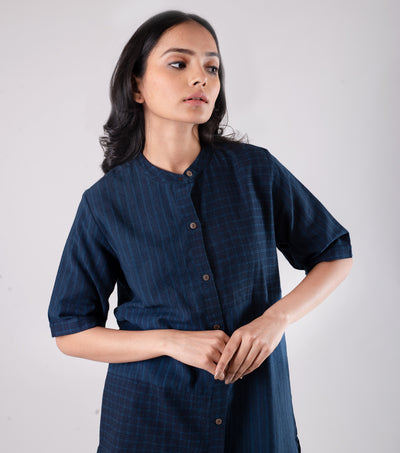 Navy Blue Khadi Printed Shirt